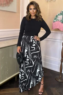 Black Abstract Stripe Print 2 in 1 Long Sleeve Pleated Skirt Midi Dress