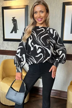 Black Abstract Stripe Print Long Cuff Sleeved Top