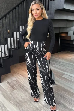 Black Abstract Stripe Print 2 in 1 Long Sleeve Wide Leg Jumpsuit