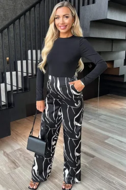 Black Abstract Stripe Print 2 in 1 Long Sleeve Wide Leg Jumpsuit