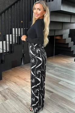 Black Abstract Stripe Print 2 in 1 Long Sleeve Wide Leg Jumpsuit