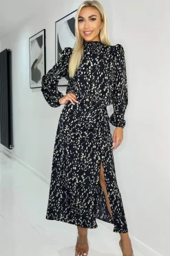 Black And Beige Printed High Neck Split Skirt Midi Dress
