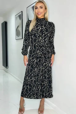 Black And Beige Printed High Neck Split Skirt Midi Dress
