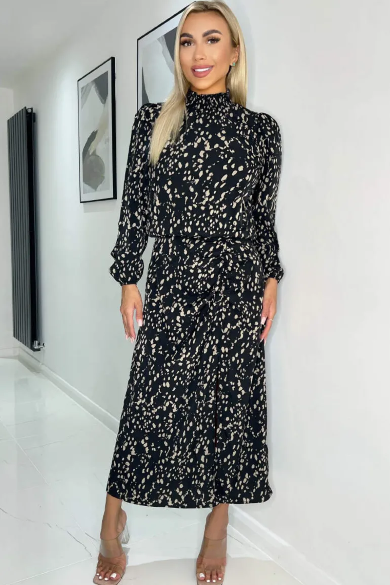 Black And Beige Printed High Neck Split Skirt Midi Dress