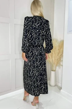 Black And Beige Printed High Neck Split Skirt Midi Dress