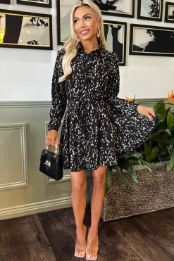 Black and Beige Printed Mini Tie Waist Shirt Dress