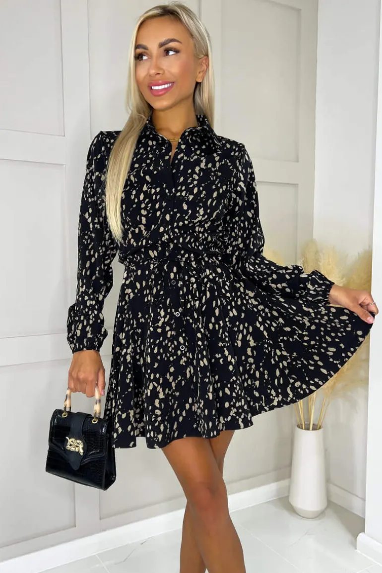 Black and Beige Printed Mini Tie Waist Shirt Dress