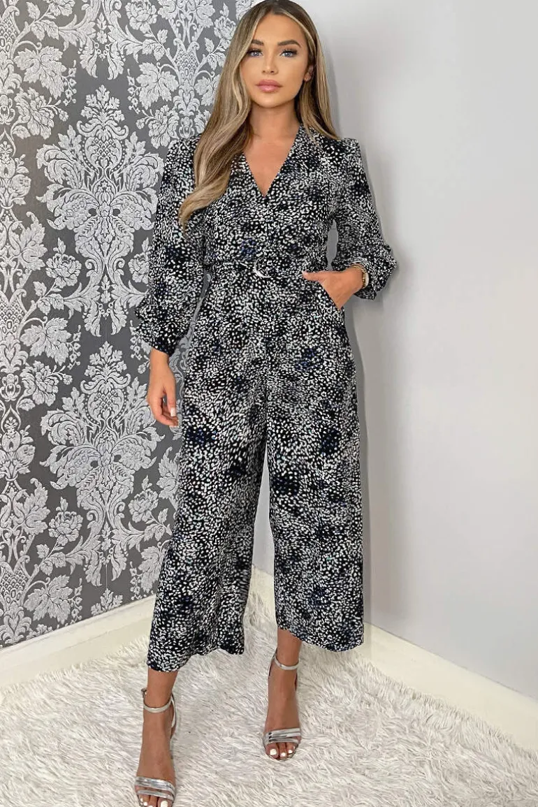 Black And Blue Printed Belted Long Sleeve Jumpsuit