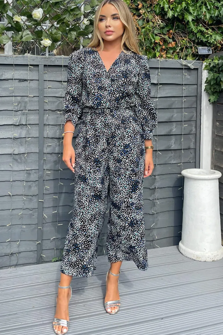 Black And Blue Printed Belted Long Sleeve Jumpsuit