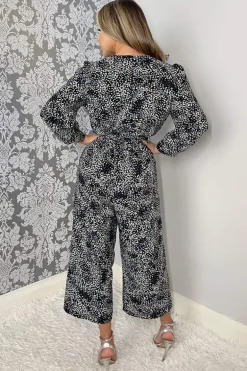 Black And Blue Printed Belted Long Sleeve Jumpsuit