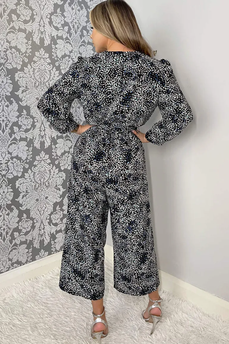 Black And Blue Printed Belted Long Sleeve Jumpsuit