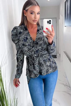 Black And Blue Printed Belted Wrap Top