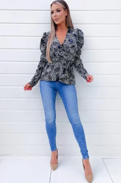 Black And Blue Printed Belted Wrap Top