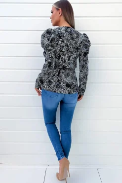 Black And Blue Printed Belted Wrap Top