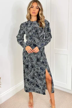 Black And Blue Printed Long Puff Sleeve Midi Dress