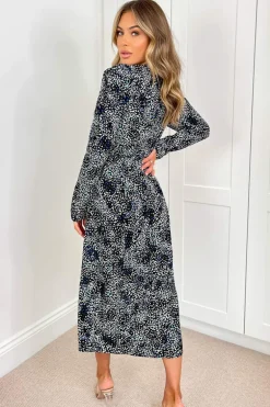 Black And Blue Printed Long Puff Sleeve Midi Dress