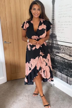 Black and Blush Floral Print Wrap Midi Dress