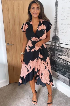 Black and Blush Floral Print Wrap Midi Dress