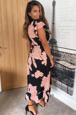 Black and Blush Floral Print Wrap Midi Dress