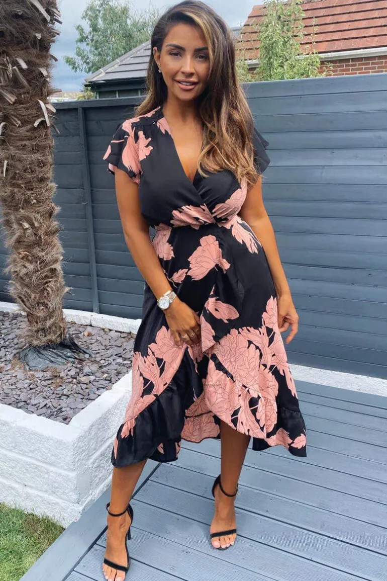 Black and Blush Floral Print Wrap Midi Dress