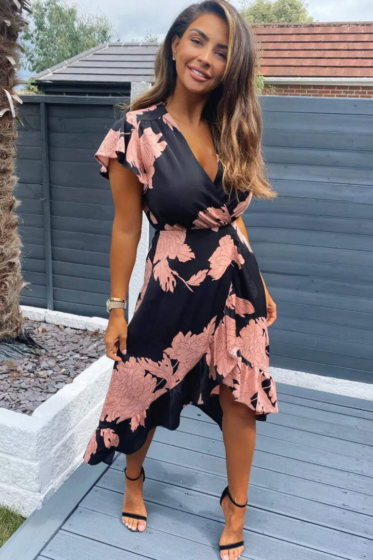 Black and Blush Floral Print Wrap Midi Dress