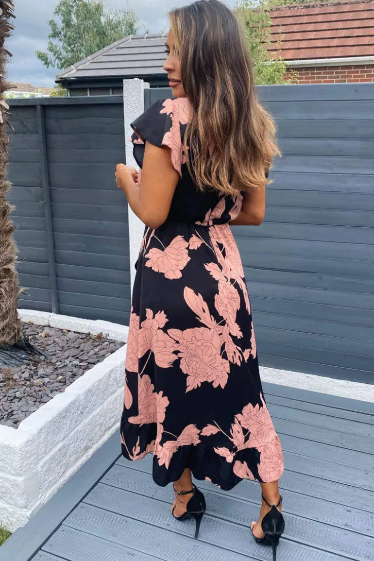 Black and Blush Floral Print Wrap Midi Dress