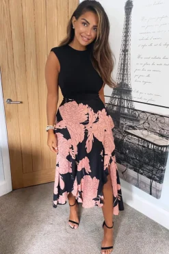 Black and Blush Floral Print 2 in 1 Midi Dress