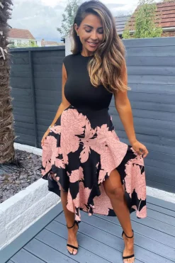 Black and Blush Floral Print 2 in 1 Midi Dress
