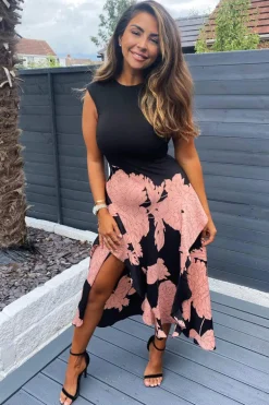 Black and Blush Floral Print 2 in 1 Midi Dress
