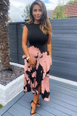 Black and Blush Floral Print 2 in 1 Midi Dress