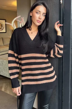Black And Camel Stripe V-Neck Knit Jumper