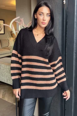 Black And Camel Stripe V-Neck Knit Jumper
