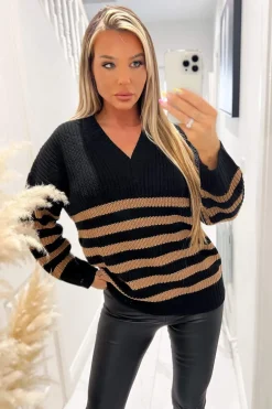 Black And Camel Stripe V-Neck Knit Jumper