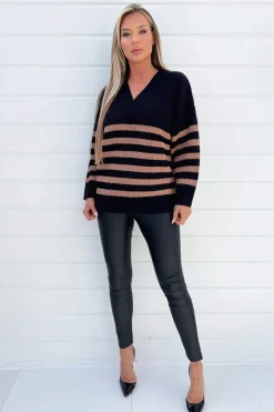 Black And Camel Stripe V-Neck Knit Jumper