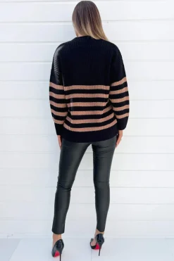 Black And Camel Stripe V-Neck Knit Jumper