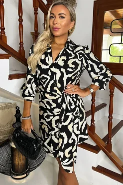 Black And Cream Abstract Print 3/4 Sleeves Waist Side Tie Mini Dress