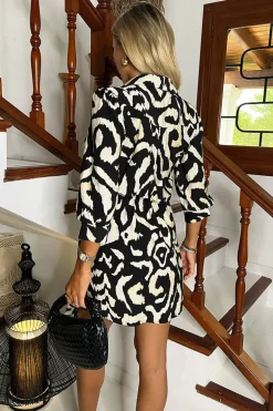 Black And Cream Abstract Print 3/4 Sleeves Waist Side Tie Mini Dress