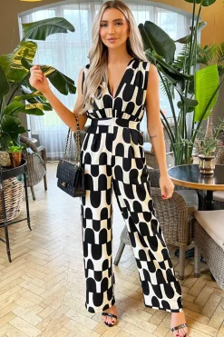 Black And Cream Abstract Print Jumpsuit
