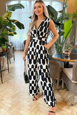 Black And Cream Abstract Print Jumpsuit