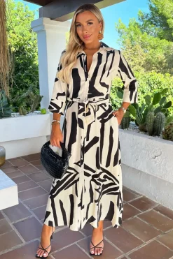 Black And Cream Abstract Print 3/4 Sleeve Shirt Midi Dress