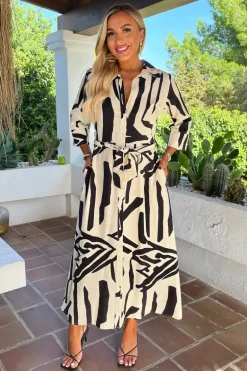 Black And Cream Abstract Print 3/4 Sleeve Shirt Midi Dress