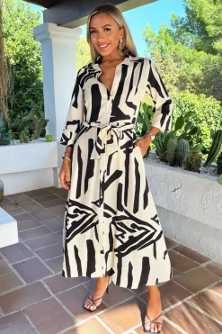 Black And Cream Abstract Print 3/4 Sleeve Shirt Midi Dress