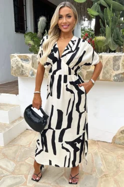 Black And Cream Abstract Print V Neck Batwing Midi Dress