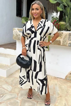 Black And Cream Abstract Print V Neck Batwing Midi Dress