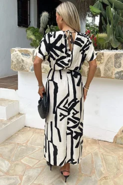 Black And Cream Abstract Print V Neck Batwing Midi Dress