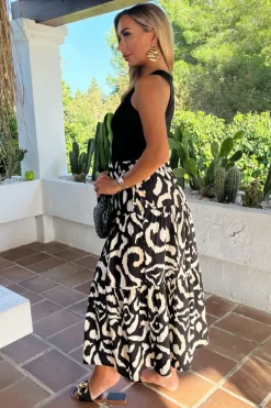 Black And Cream Abstract Print 2 In 1 Smock Midi Dress