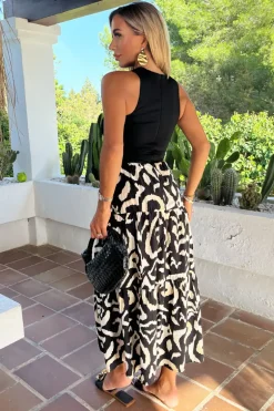 Black And Cream Abstract Print 2 In 1 Smock Midi Dress