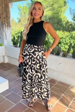 Black And Cream Abstract Print 2 In 1 Smock Midi Dress