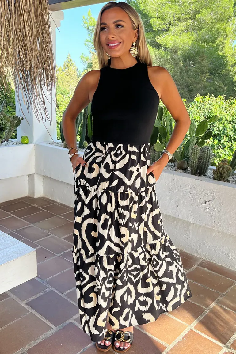 Black And Cream Abstract Print 2 In 1 Smock Midi Dress