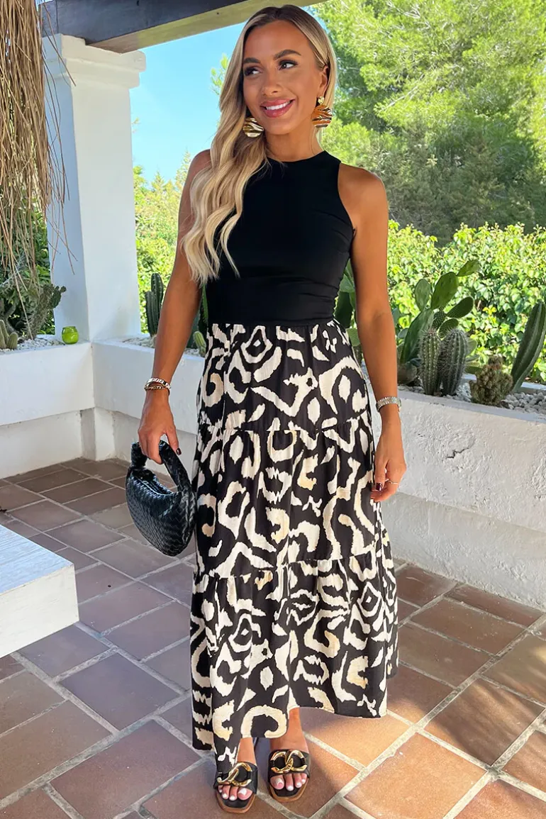 Black And Cream Abstract Print 2 In 1 Smock Midi Dress